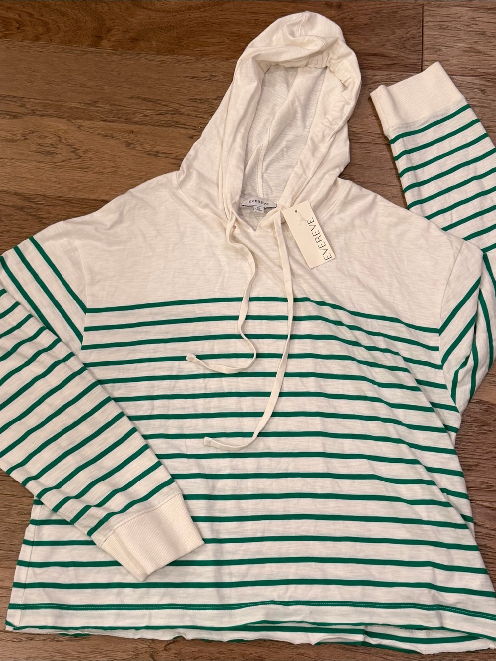 Evereve Cream Hoodie with Green Stripes